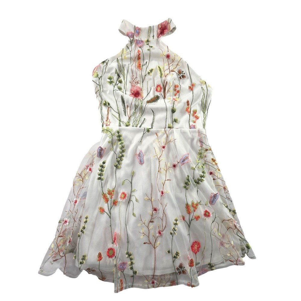 Fairycore‎ Floral Embroidered Tulle Mini Halter Dress Small White Cottagecore